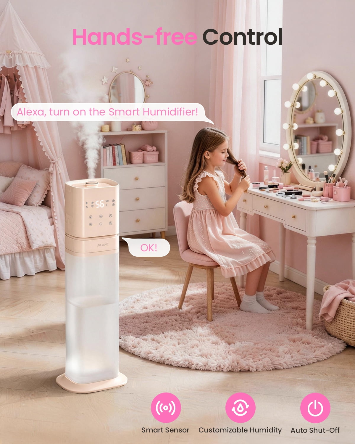 Smart Humidifier Large Room, 2.1Gal/8L Humidifiers for Bedroom with Extended Tube&Night Light, Whole House Cool Mist Humidifiers, WIFI App&Voice Control, School/Office/Warehouse, Pale Pink