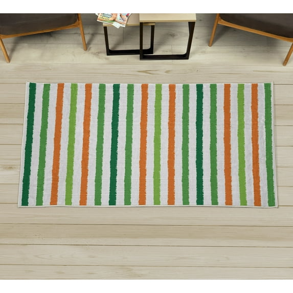 Striped Decorative Rug, Geometric Colorful Tone Brush Style Lines Grunge Retro Digital Print, Quality Carpet for Bedroom Dorm and Living Room, 6 Sizes, Orange Green, by Ambesonne