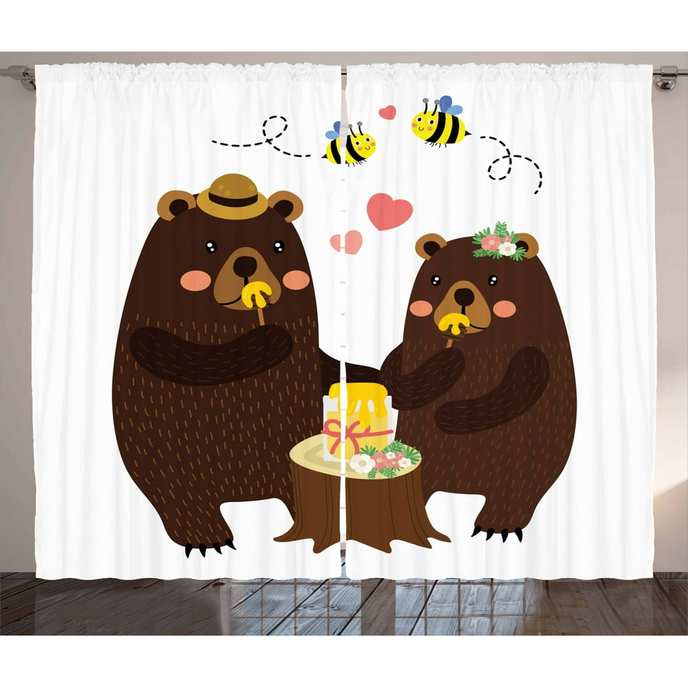 Bear Curtains 2 Panels Set, Forest Party with Grizzly Bears and Bees