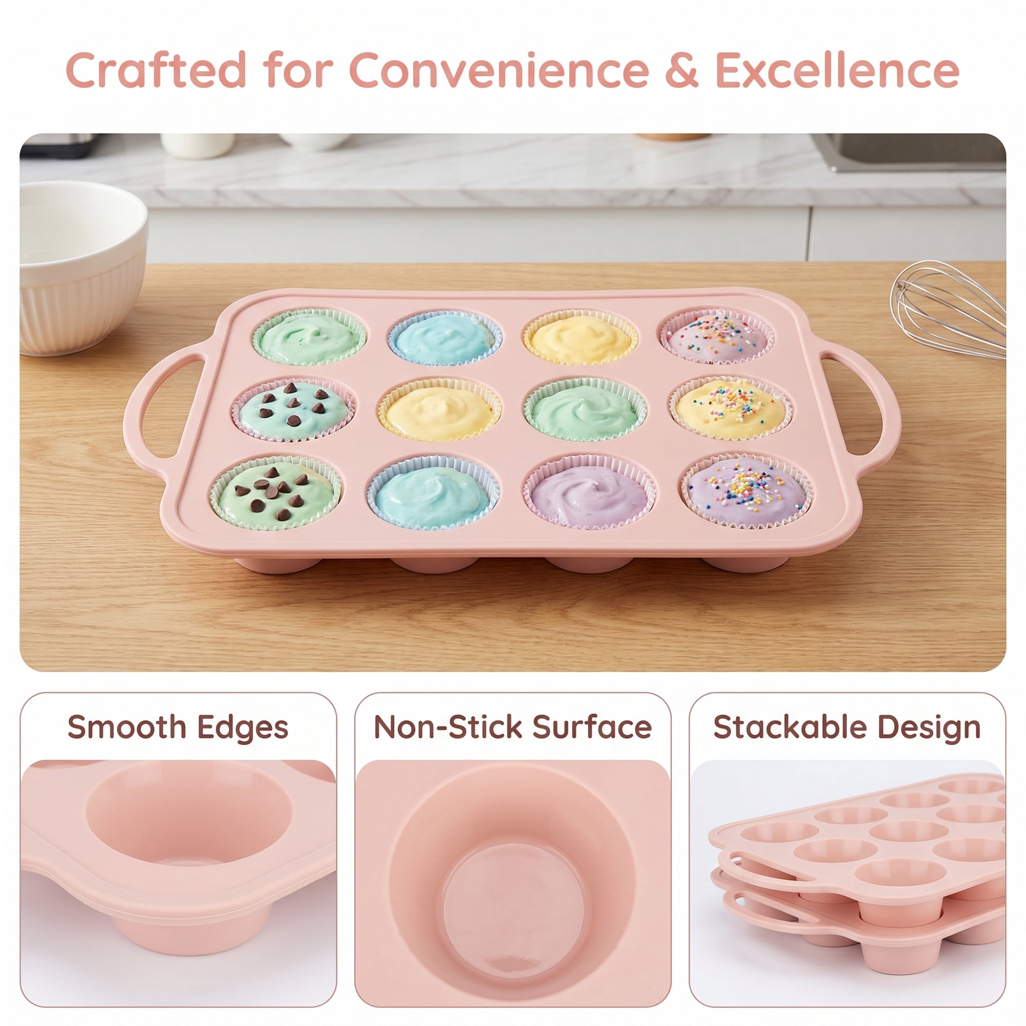 Unique Bargains Baking Pan 12-Cup Nonstick Silicone Tray with Dual Handles Pink 14.8"x8.9"x1.3"