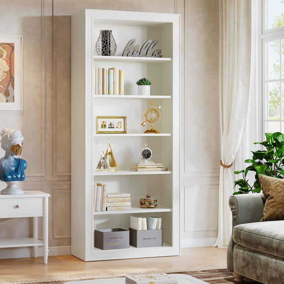 Finmind 75" Tall Bookcase, 6-Tier Modern Bookshelf Open Display Storage Shelves, Floorstanding Large Book Shelf for Living Room, Bedroom, White