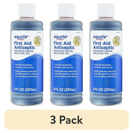 (3 pack) Equate First Aid Antiseptic Liquid Povidone-Iodine Solution 10%, 8 fl oz, Compare to Betadine First Aid Solution 10% Povidone-Iodine Topical Solution Active Ingredient