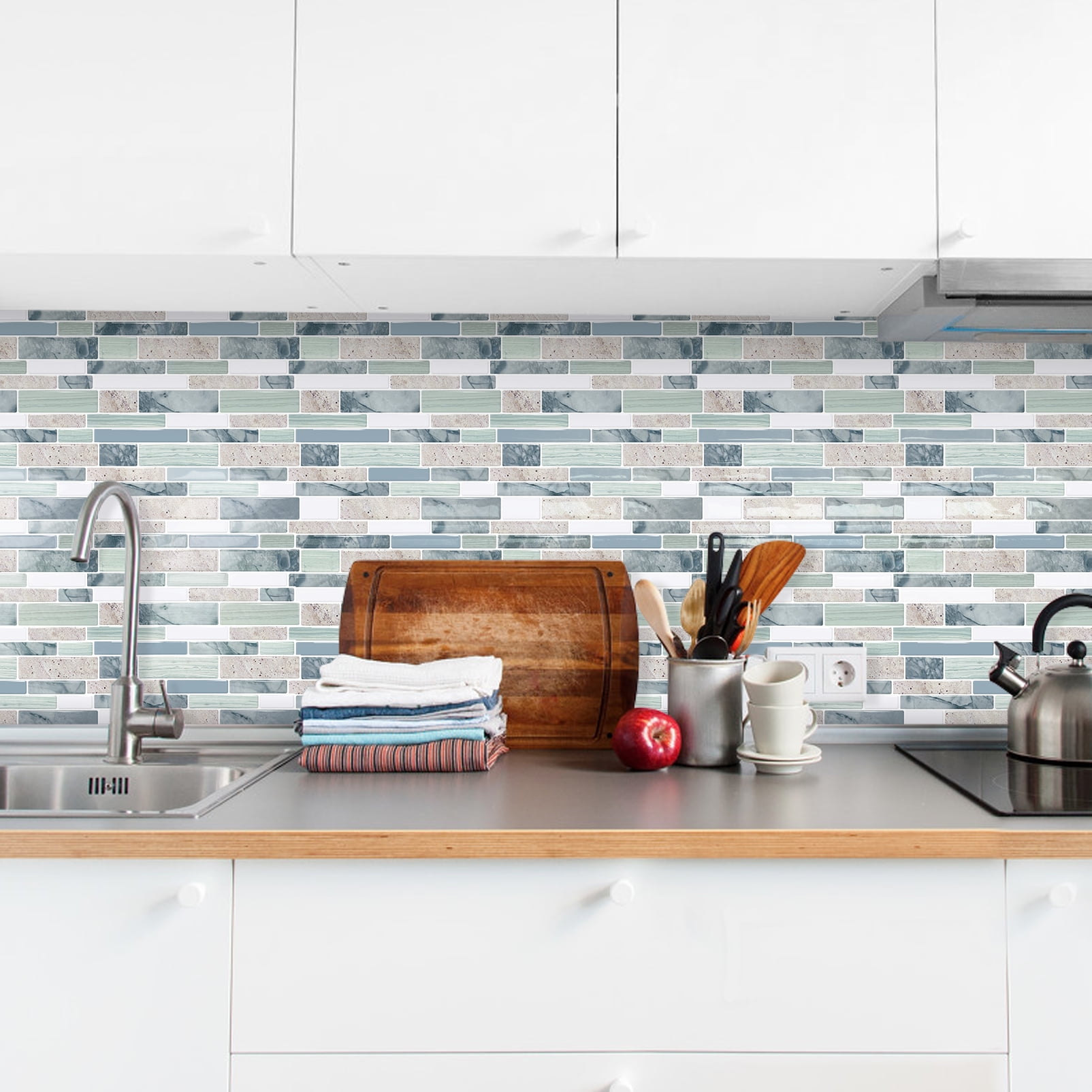 DEWOO 10-Sheet Peel and Stick Kitchen Backsplash Tiles, 12"x12" Self-Adhesive Marble Multicolor Wall Tiles for Kitchen and Bathroom(Multicolor Marble)