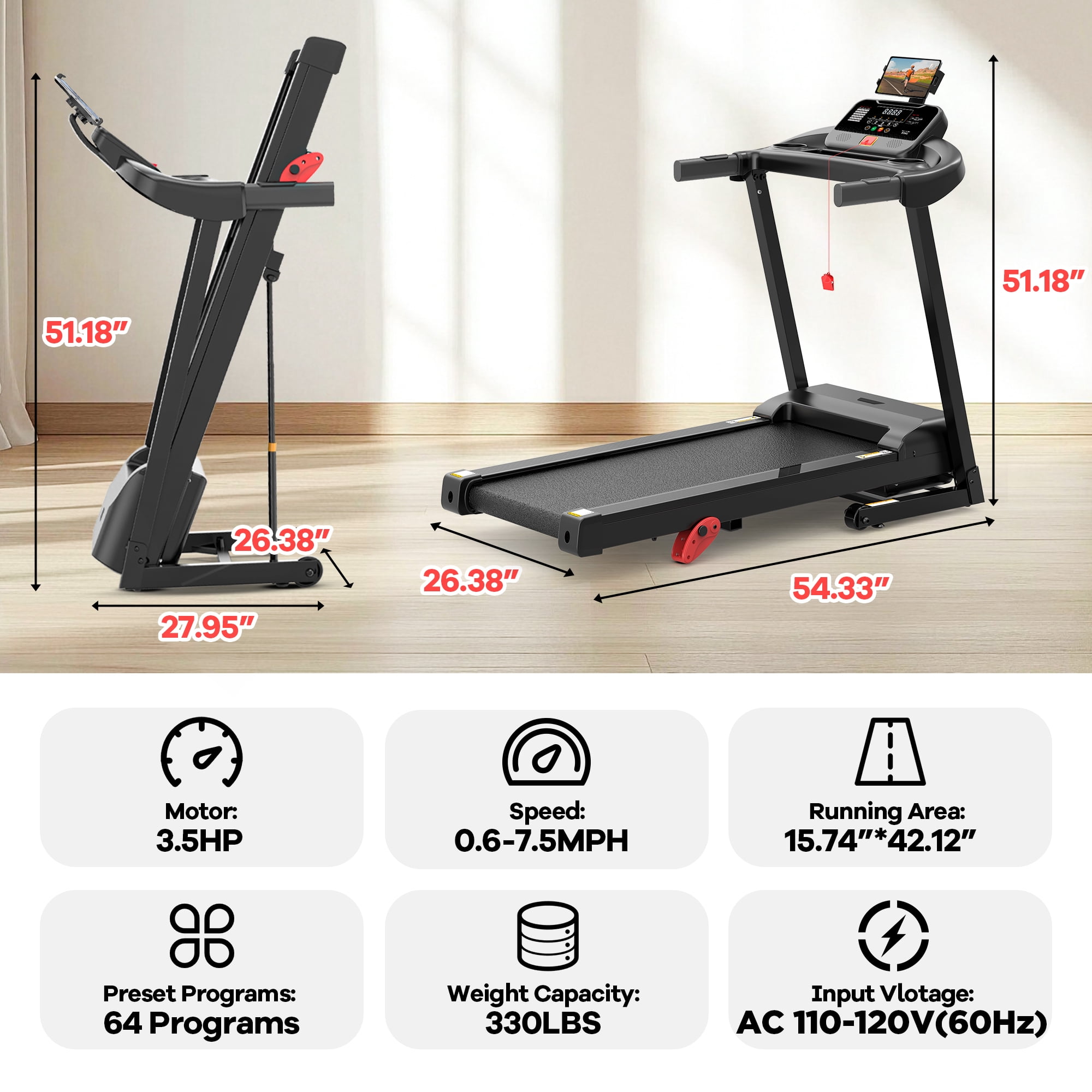 3.5HP Folding Treadmill, 300-400lb Capacity, 12% Incline Treadmills for Home Running and Walking Max 7.5MPH Speed, Foldable Treadmill Running Machine with APP & Bluetooth