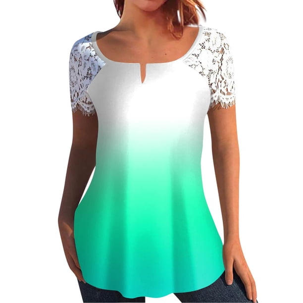 Mujeres Tops Casual verano encaje manga corta Split cuello túnica impresa camisetas camisetas Tops OAVQHLG3B Store lin121212