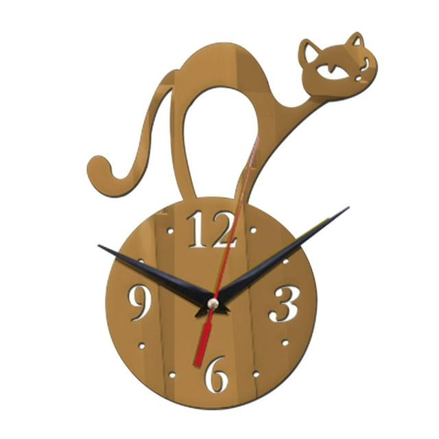 Relojes de pared sencillos con diseño de gato, de cuarzo, con espejo acrílico y aguja, sin marco y silenciosos. Marrón