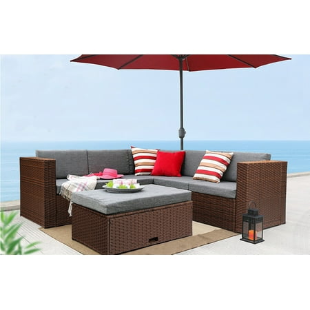Baner Garden Outdoor Furniture Complete Patio Cushion Pe Wicker Rattan Garden Corner Sofa Couch Set Brown 4 Pieces
