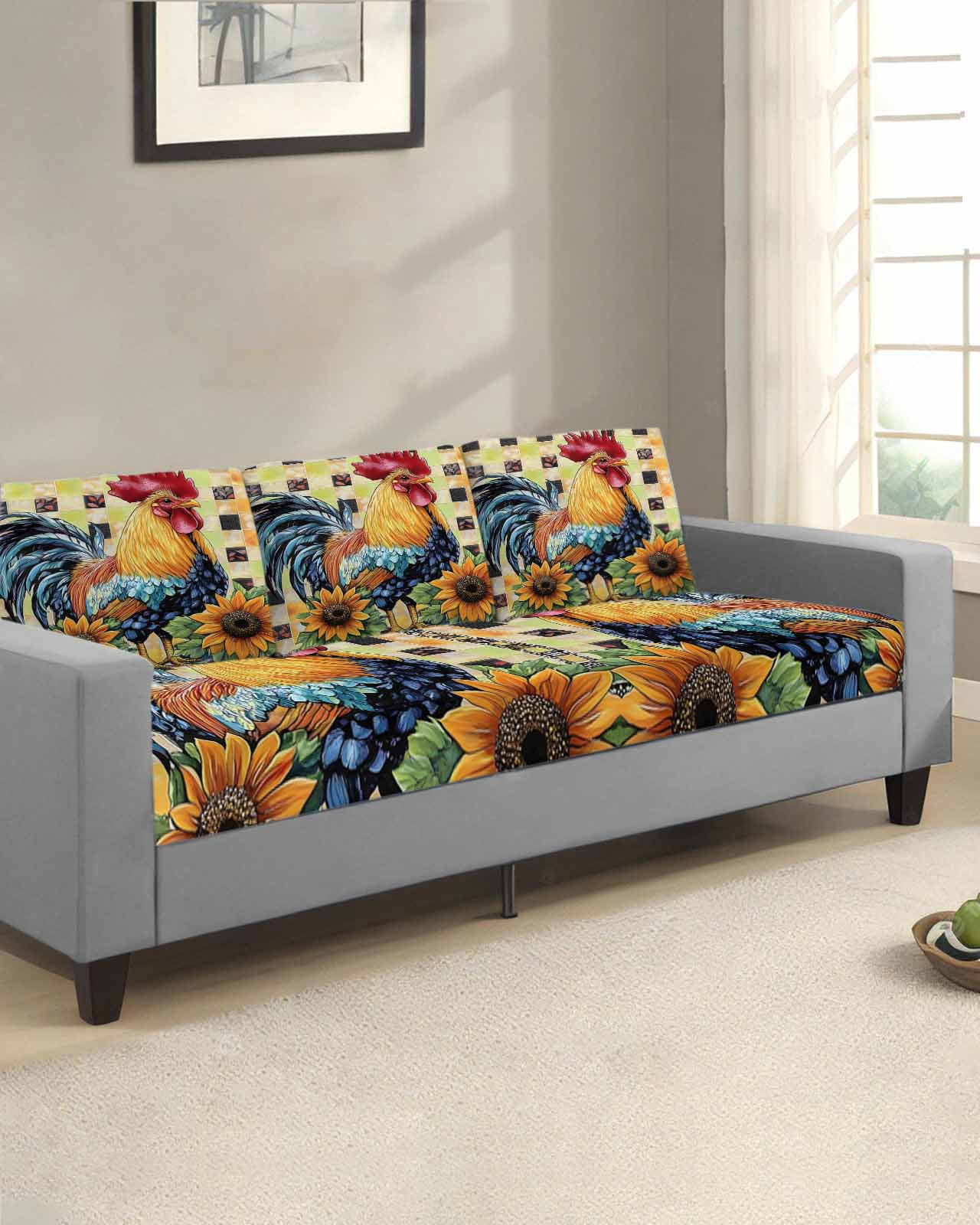 Retro Rooster Sofa Couch Cushion Covers Washable, Removable Stretchable Sectional Couch Covers, Yellow Sunflower Watercolor Animals Plaid Slipcovers for L & T Shape Sofa Protector S Size 1 pc