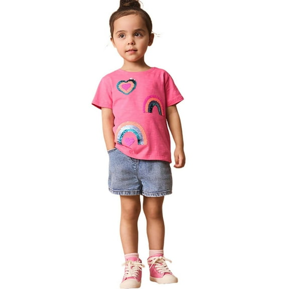 Tiijoy Girls' Rainbow Sequin Print Short Sleeve T-Shirt Toddler Casual Cotton Tshirt, Sizes 2-3