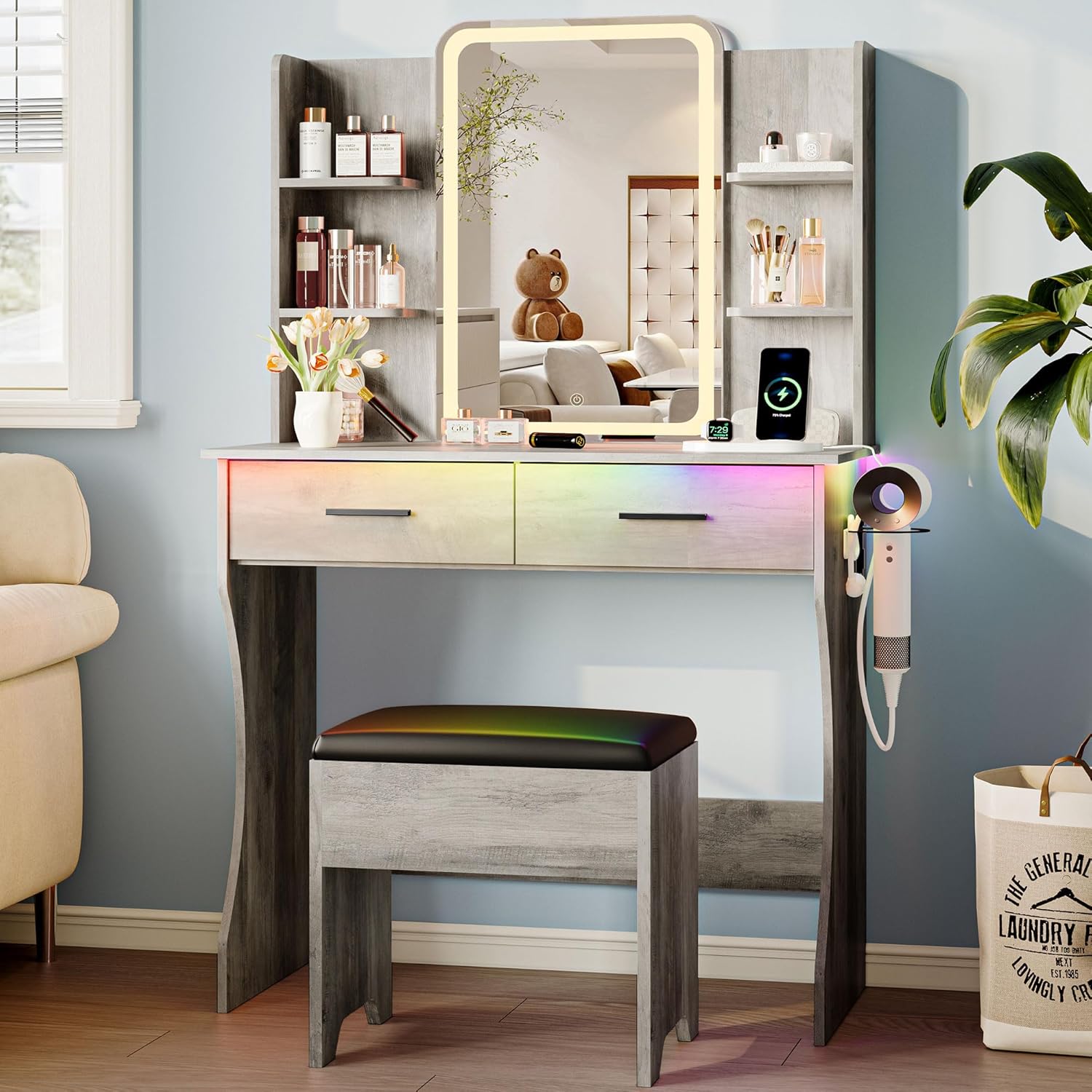 PUFFCAFE Vanity Desk with Mirror and LED Lights,Small Makeup Vanity Table with Storage Drawers & Chair & Power Outlet,Bedroom Gray Vanity Set