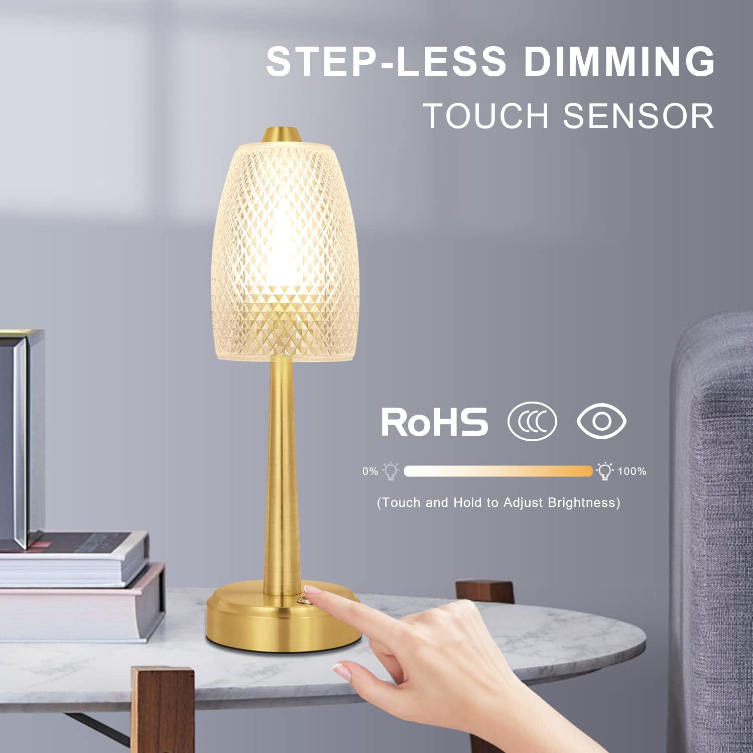 UMEXUS Rechargeable Cordless Table Lamp, 6000mAh Portable Battery Operated  Bedside Lamps, 3-Level Dimmable Metal Touch Control Night Light Small Lamps  for Restaurant/Bedroom/Outdoor, Gold 