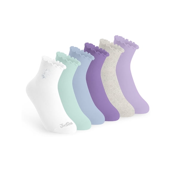 Justice Boyfriend Rib Ankle Socks for Girls with Lettuce Edge Anklet, 6 pk Multi Color