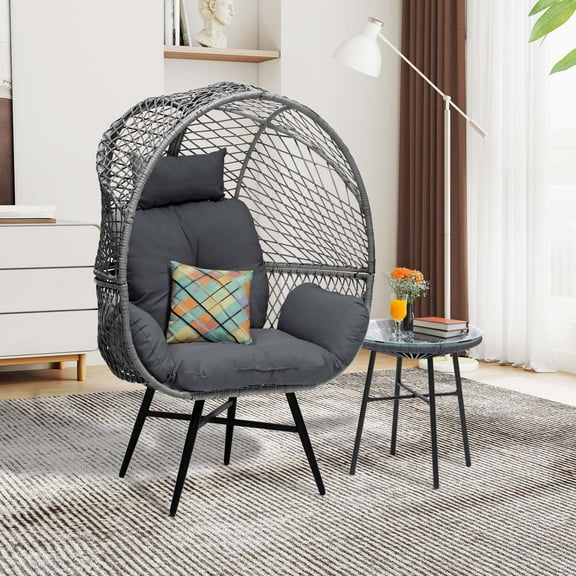 ModFusion Outdoor Standing Egg Chair Set with Coffee Table, Cushions, Steel Frame, Gray, All-Weather Patio Lounge Chair
