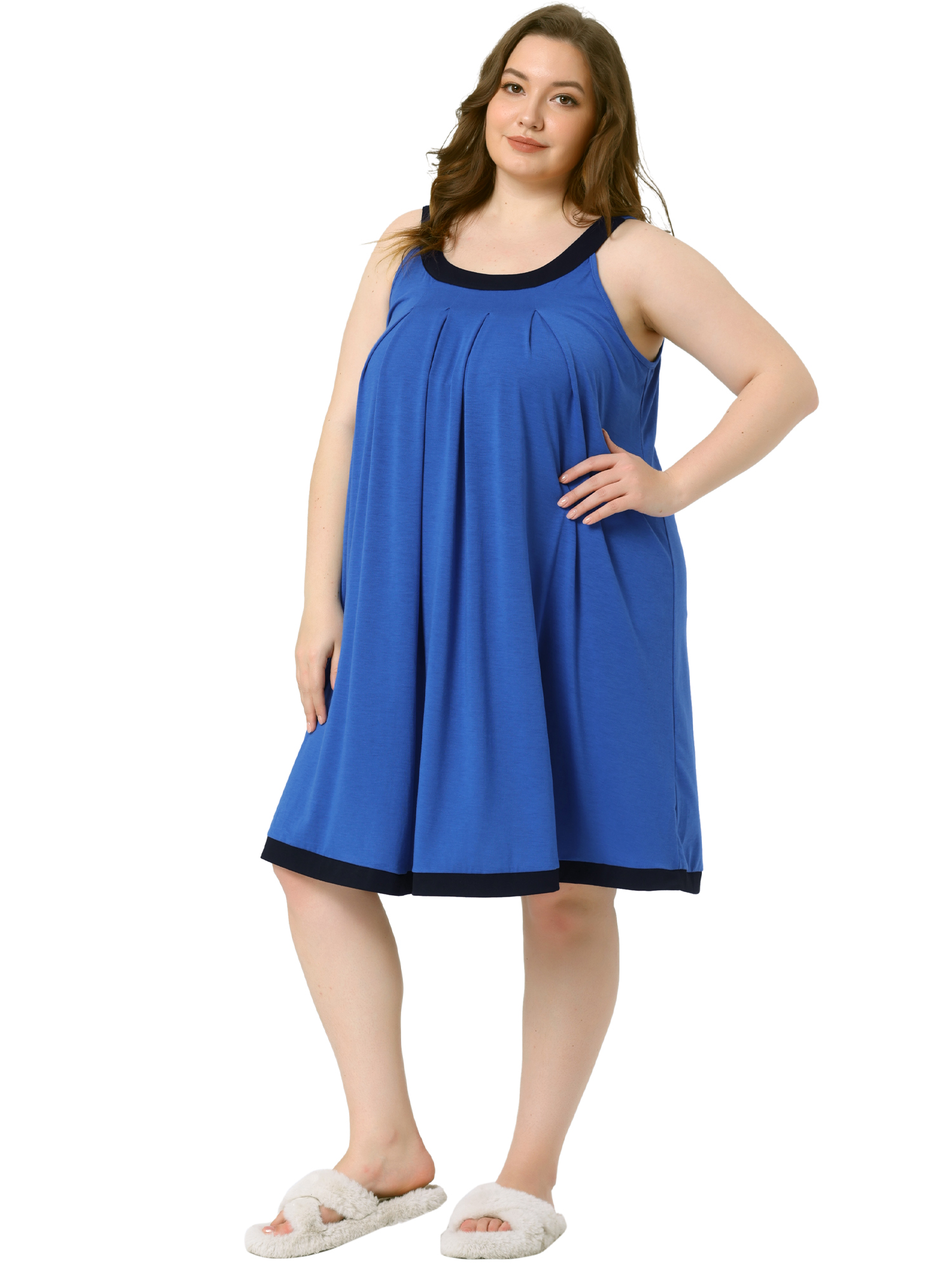 DARING DIVA Women's Plus Size Sleeveless Pleated Scoop Neck Nightgown 3X Royal Blue