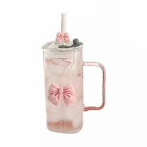 ACDANC 13Oz Square Glass Cups With Lids And Straws Heat Resistant Glass Tumbler With Handle Bow Knot Transparent Drinking Glasses For Water Juice Iced Coffee Milk Tea(Pink)