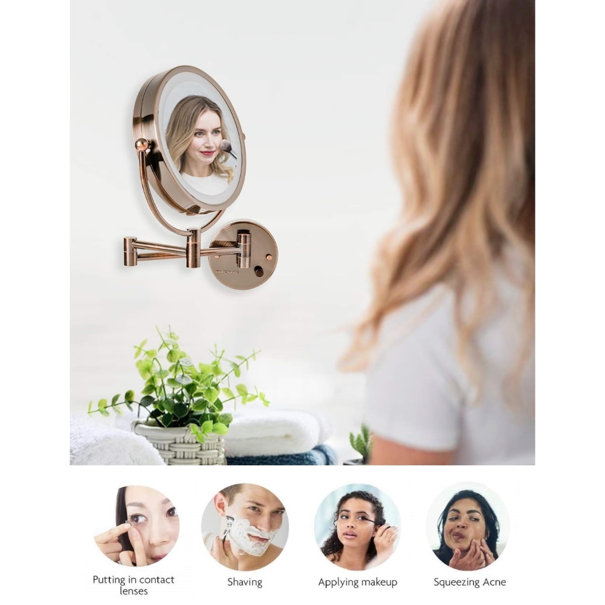 OVENTE Wall Mounted Lighted Makeup Vanity Mirror, 9" Hard Wired Double Sided 1X/7X Magnifying Bathroom Mirror, Dimmable LED Lights, 360° Rotation and 14" Extendable Arm, Antique Brass MPWD3185AB1X7X