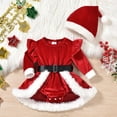 thumbnail image 2 of FYDUU Baby Girl Christmas Outfit Santa Romper Dress Red Velvet Long Sleeve Xmas Princess Dresses With Matching Hat 2 Piece Holiday Party Wear 9-12 Months, 2 of 6