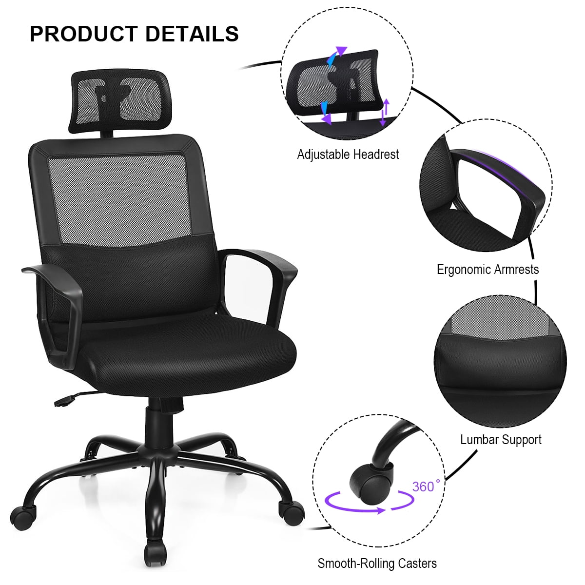 Costway Black Ergonomic Mesh Office Chair Adjustable High Back Chair with Lumbar  Support CB10175DK - The Home Depot