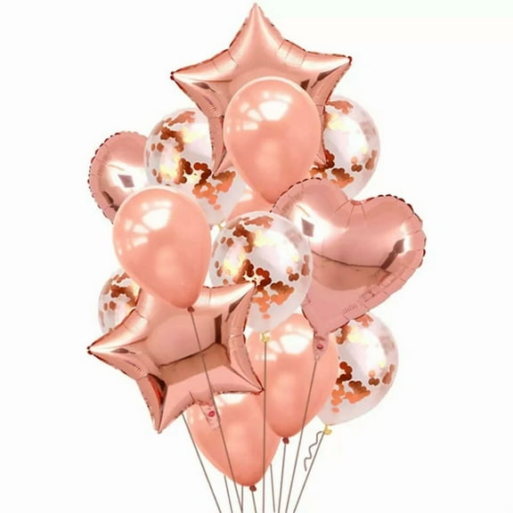 ??14 Pc Rose Gold Confetti Balloon Decorations 2 18 Inch Foil Stars & 2 Hearts??