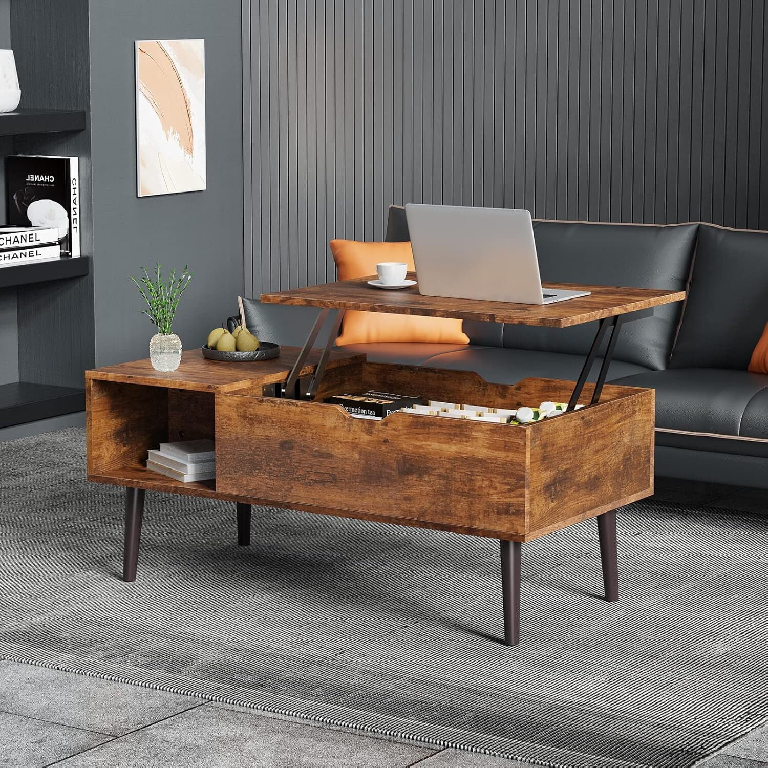 AENKYO Coffee Table, Lift Top Coffee Tables for Living Room with Storage Shelf and Hidden Compartment,Brown