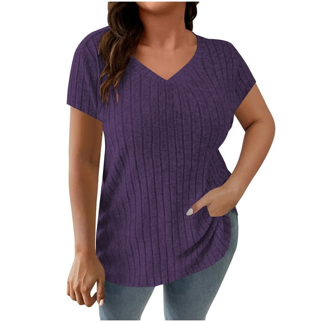 VSSSJ Women's Plus Size Ribbed Knit Short Sleeve Tops Loose Fit V Neck Summer Texture Solid Color Lightweight Tee Blouse Purple XXXXXL