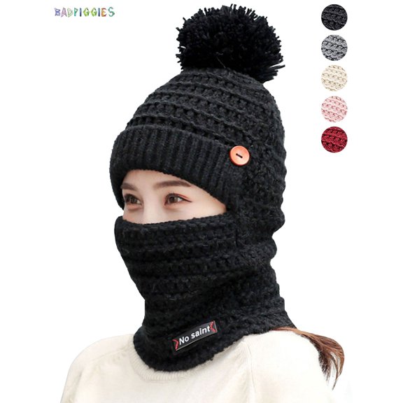 BadPiggies Women's Warm Knit Hat, Scarf & Glove Set, Black, 2-Piece