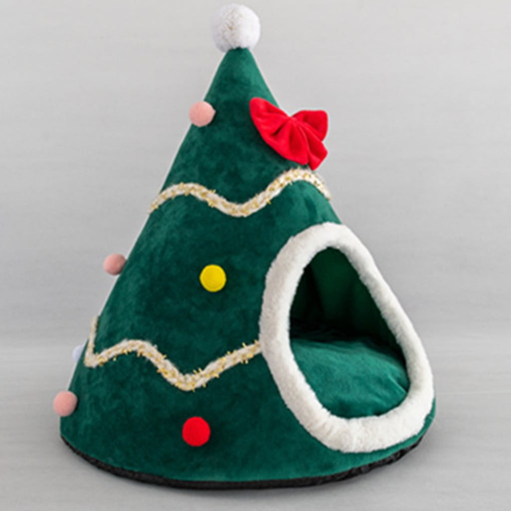 Summercome Christmas Tree Dog House, Cozy Dog Cave Pet Sleeping Bed Puppy Tent with Removable Cushion, Pets Bed for Large Dogs Cats Xmas Decoration, (Green, L Size 21.65in)