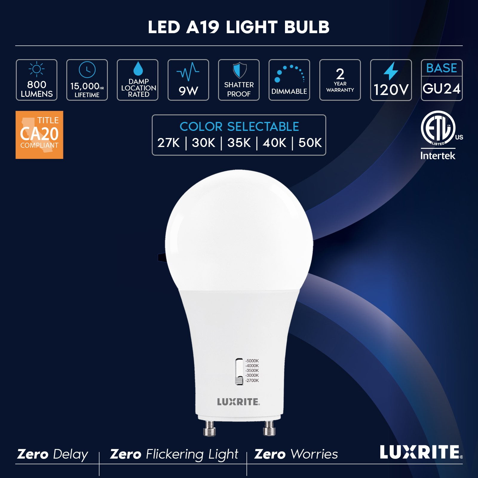 Luxrite A19 GU24 LED Bulb, 60 Watt Equivalent, 5CCT, Dimmable, 800 Lumens, 9W, Damp Rated, ETL Listed 4 Pack