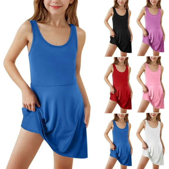MKOSPLRT Athletic Dresses for Girl 4-15 Years Sleeveless Scoop Neck Tennis Mini Dresses Solid Swing Flowy Golf Dresses with Shorts