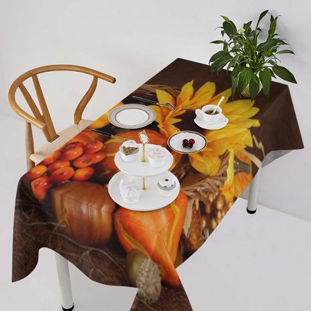 GZHJMY Flax Rectangle Tablecloth, Cornucopia Pumpkins Brown Table Cloth Table Cover, Washable Tabletop Protector for Kitchen Picnic Dinner Party, 55×75 Inch