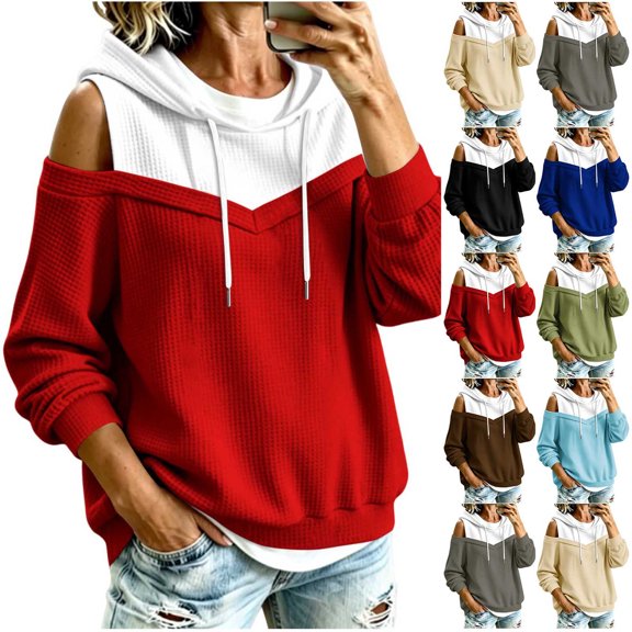 FAIWAD Women's Cold Shoulder Hoodie Color Block Long Sleeve Drawstring Pullover Sweatshirt Cutout Shoulder Casual Top