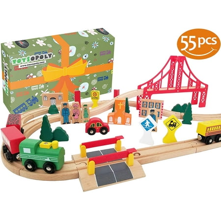 Wooden Train Tracks Full Set, Deluxe 55 Pcs with 3 Destination Fits Thomas, Brio, IKEA, Chuggington, Imaginarium, Melissa and