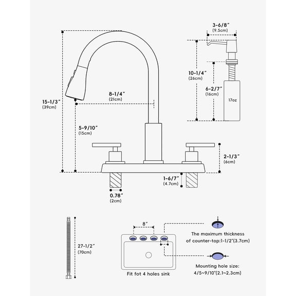 2 Handle Kitchen Faucet with Sprayer, 4-Hole Kitchen Faucet with Pull Down Sprayer and Soap Dispenser, High Arc Stainless for 3 & 4 Hole RV Outdoor Sink, Brushed Nickel