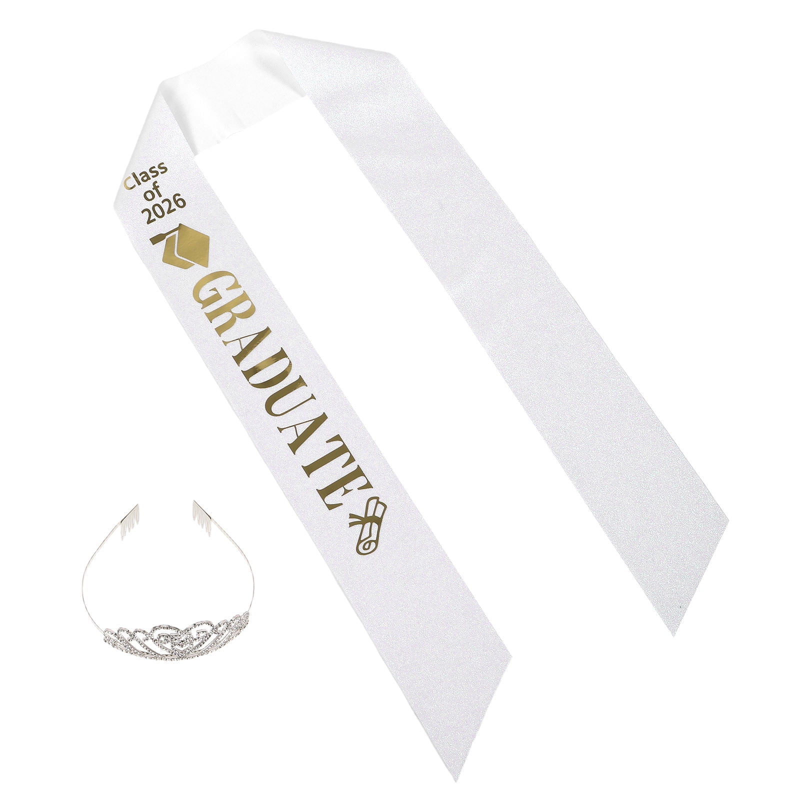 FUEENIRVA 1Set Graduate Sash and Plated Silver Rhinestone Crown for Graduation Party Decorations