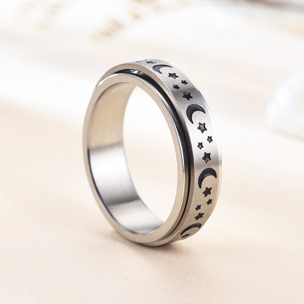 Anxiety Fidget Spinner Rings for Men Women Moon Star 14K Yellow Gold Spinning Rotate Ring Punk Cool Anti Stress Jewelry