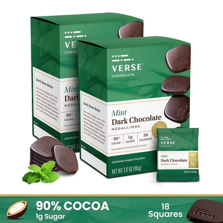 Verse 90% Dark Chocolate Mint Squares - Gluten Free, Keto, Low Sugar Snack - Creamy Dark Cocoa - Only 1g Cane Sugar- Individually Wrapped Vegan Cacao Chocolate Squares (9 Count, 2 Pack)