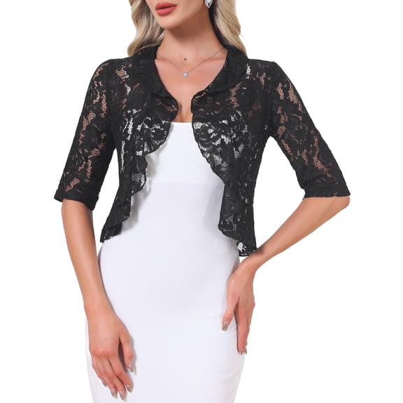 DARING DIVA Women's Lace Shrug Ruffle Cardigan Open Front Half Sleeve Bolero XS Black