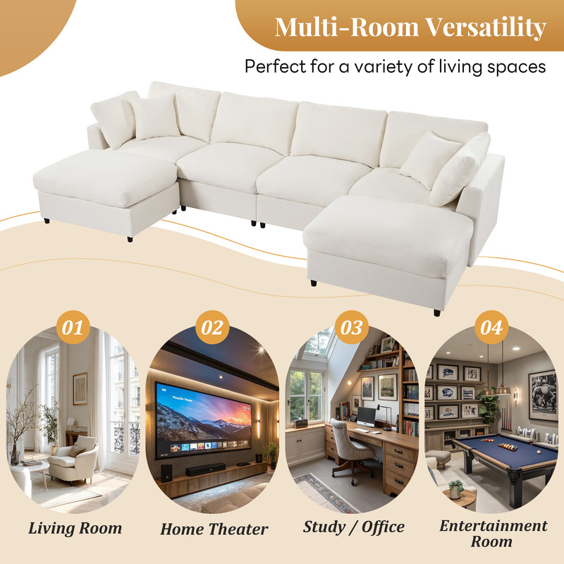 U-Shaped Modular Sectional Sofa with 2 Movable Ottomans, 128'' Chenille Upholstery Sofa Couch, 6-Piece Configurable Couch, Deep Seat Sofa for Living Room, Home Theater