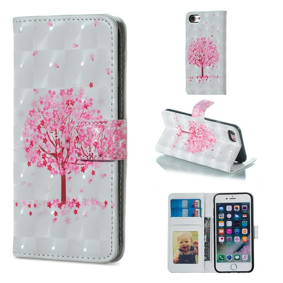 iPhone 7 Case Wallet, iPhone 8 Case, Allytech 3D Emboss Leather Flip Protective Case Cover & Credit Card Slots Pocket, Support Kickstand Slim Case for Apple iPhone 7 8 (Pink Tree)