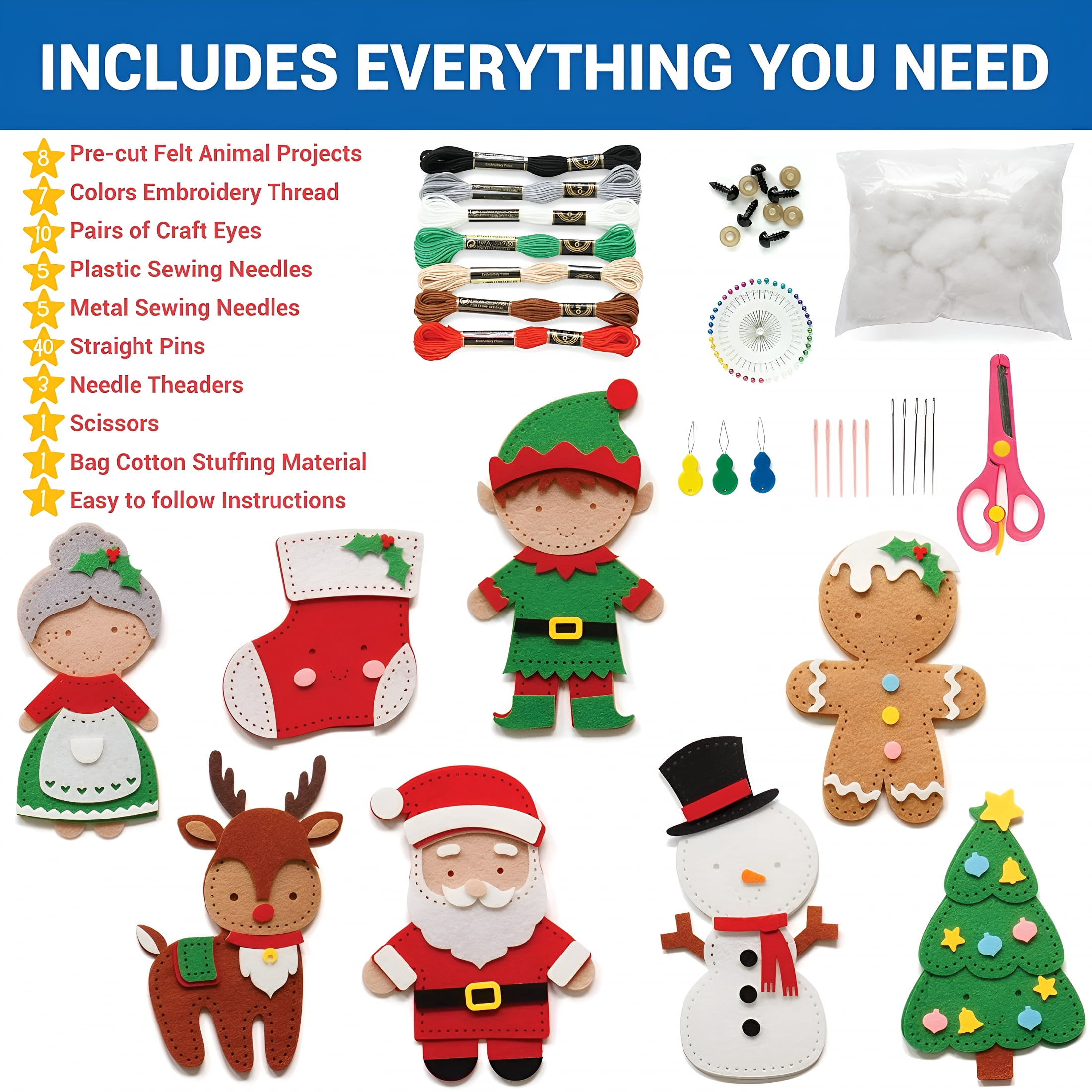 BESTSKY 2026 New Sewing Kit for Kids,Fun and Educational Christmas Craft Set for Boys and Girls Age 7-12,Sew Your Own Felt Christmas Set Craft Kit for Beginners,165 Piece Set
