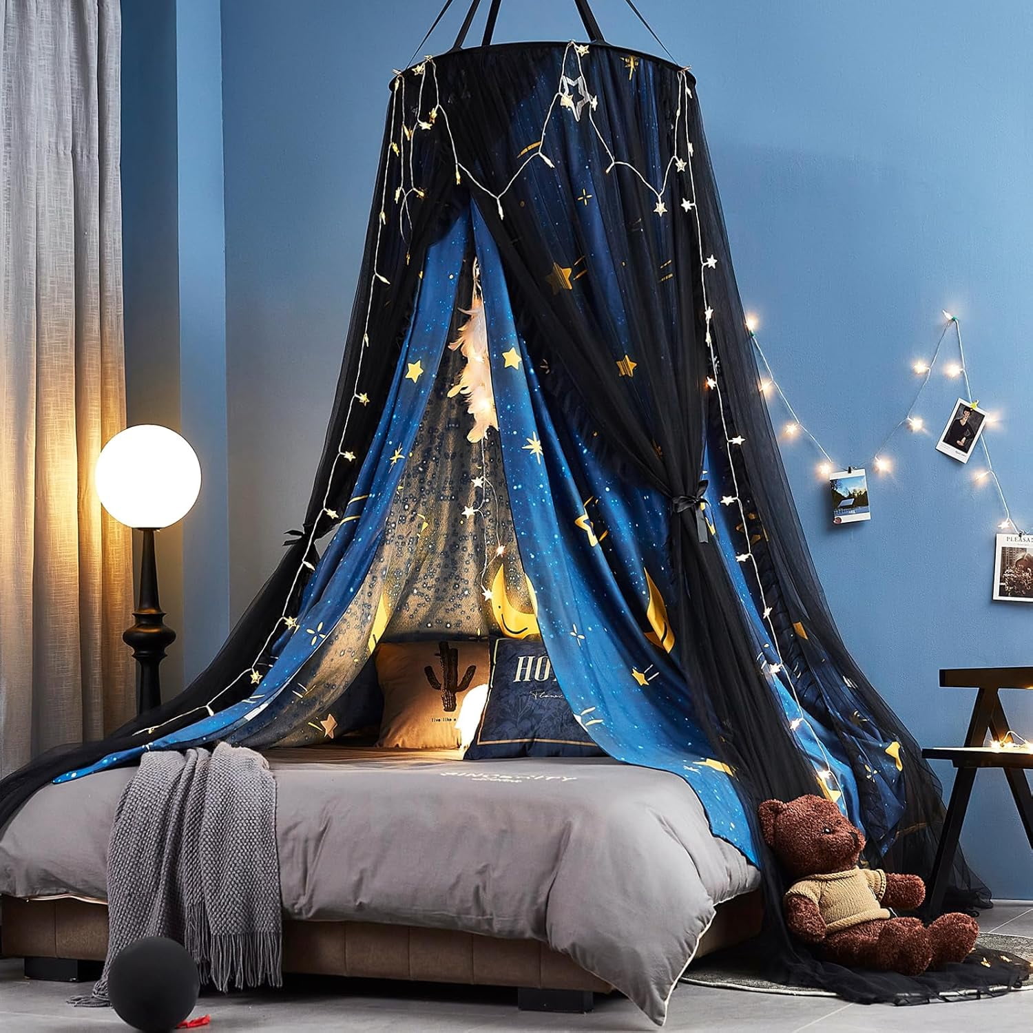 Gorgeous Star Printed Bed Canopy for Girls & Adults, Room Decorative Cozy Bed Curtain Canopy Drapes, Round Dome Luxurious Lace Princess Canopies Mosquito Netting (Star)