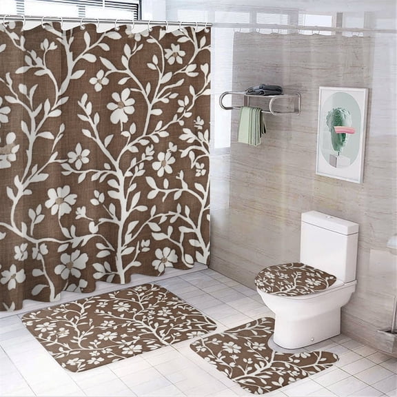 Farmhouse Neutral Floral 4 Piece Shower Curtain Sets with Non-Slip Rugs Toilet Lid Cover And Bath Mat Bathroom Decor Set Nature Flower Waterproof Personality Pattern Bath Curtain for Bathroom Decor