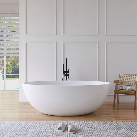 MEDUNJESS 67" x 39" Freestanding Solid Surface Resin Stone Bathtub, Modern Design Stand Alone Tub with Pop Up Drain and Overflow, Matte White
