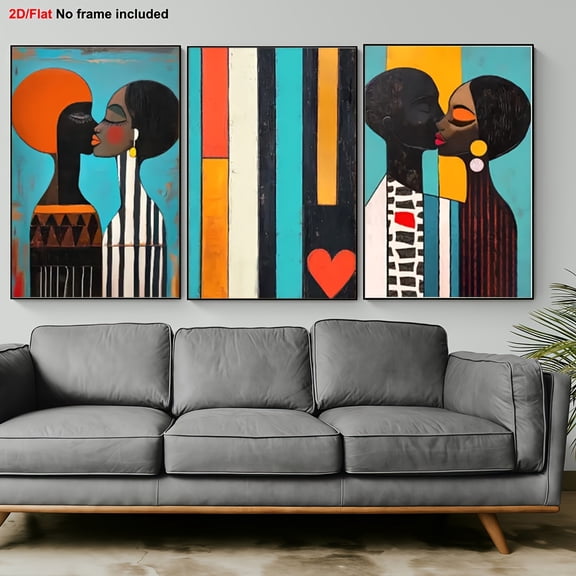 3pcs African American Couple Kissing Canvas Wall Art Set - Modern Bohemian Abstract Romantic Paintings, Vibrant Colors Unframed Flat Panel Decor for Living Room, Bedroom, Cafe & Dorm - Bold Black &
