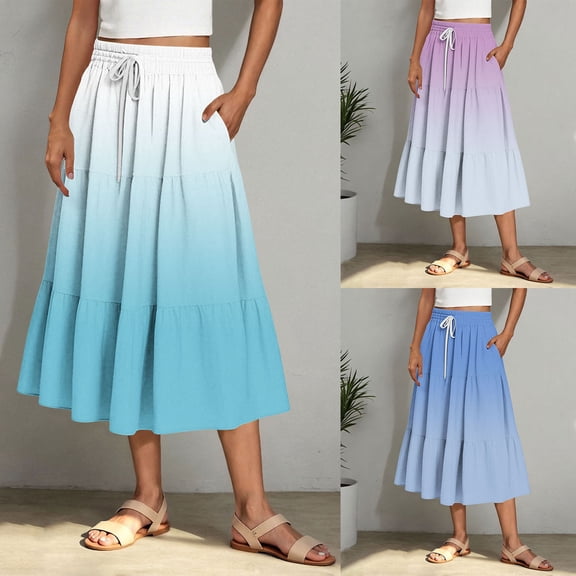 Aboser Flowy Skirts for Women Trendy Tiered Tie Dye Skirt Summer Ruffles A Line Skirts Loose Elastic Waist Skirt Midi Length Beach Skirts with Pockets