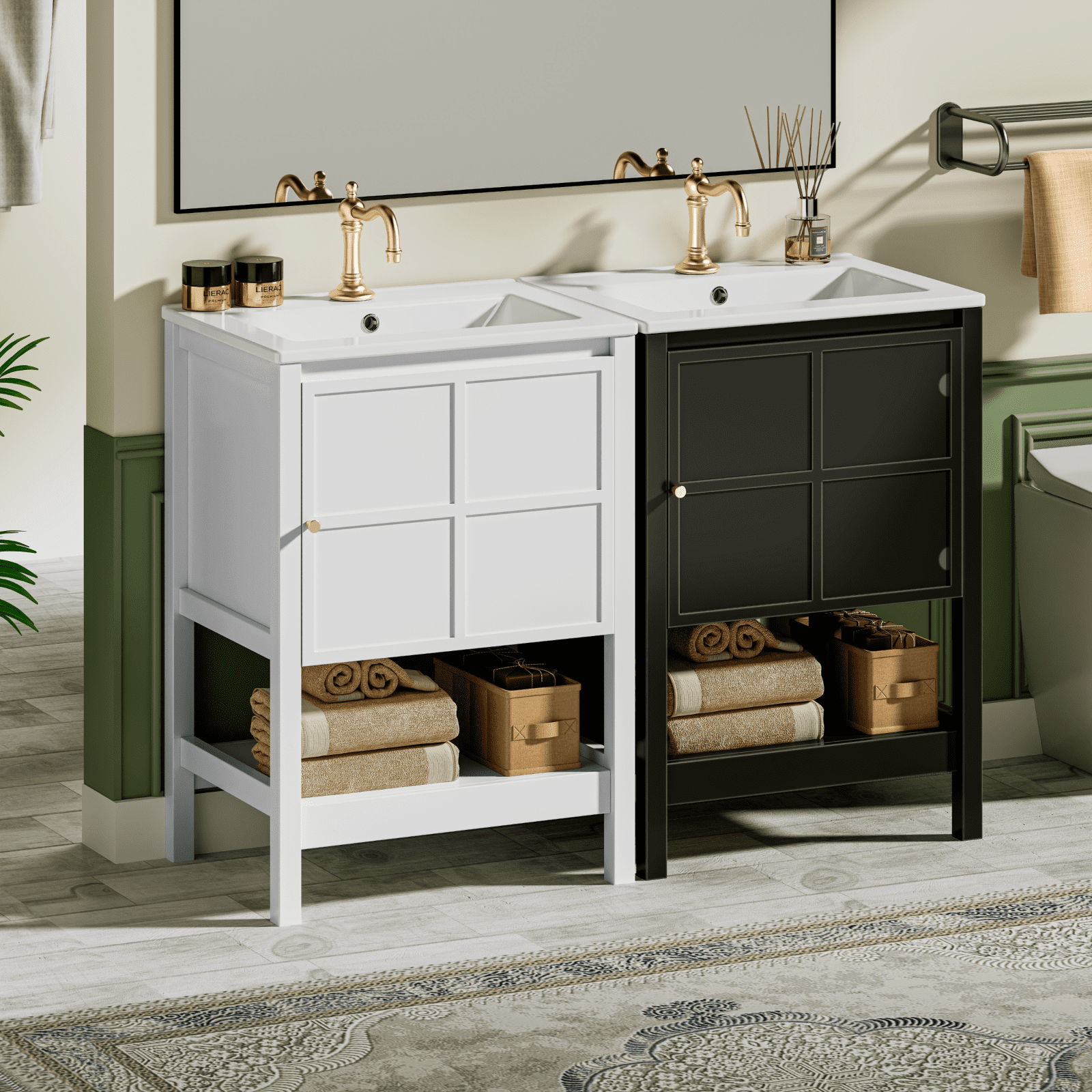 EVOKEDEN 24" Bathroom Vanity with Sink, Small Farmhouse Freestanding Bathroom Cabinet Combo Set, Soft Closing Door and Open Storage Shelf, Black