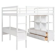 Euroco Full Loft Bed Wood Frame Desk with Drawers and Shelf for Kids Teens, White