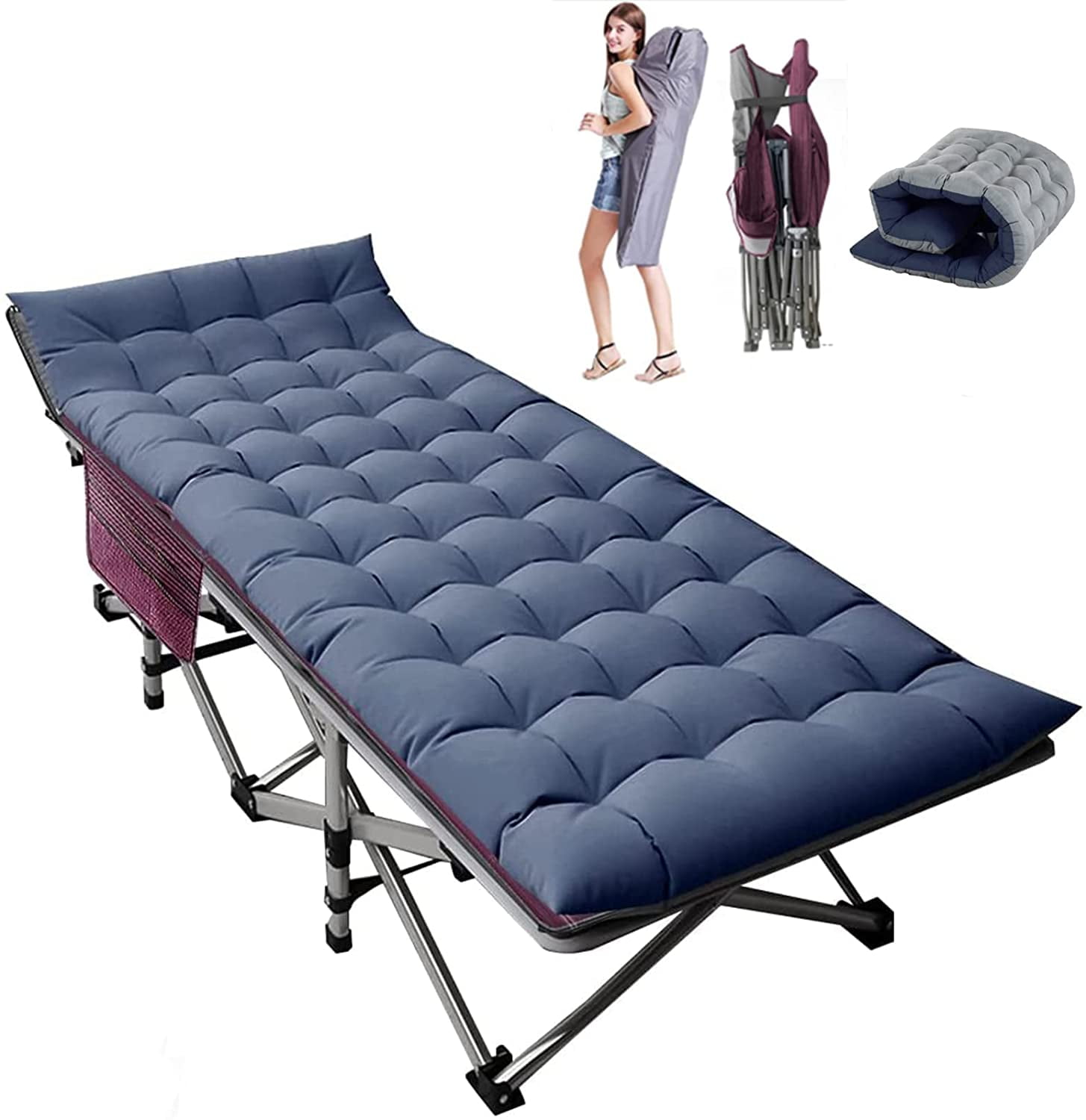 Double Layer 1200D Folding Cots Portable W/Mattress W/Carrying Bag Heavy Duty Sleeping Cots ABORON Folding Camping Cots for Adults 