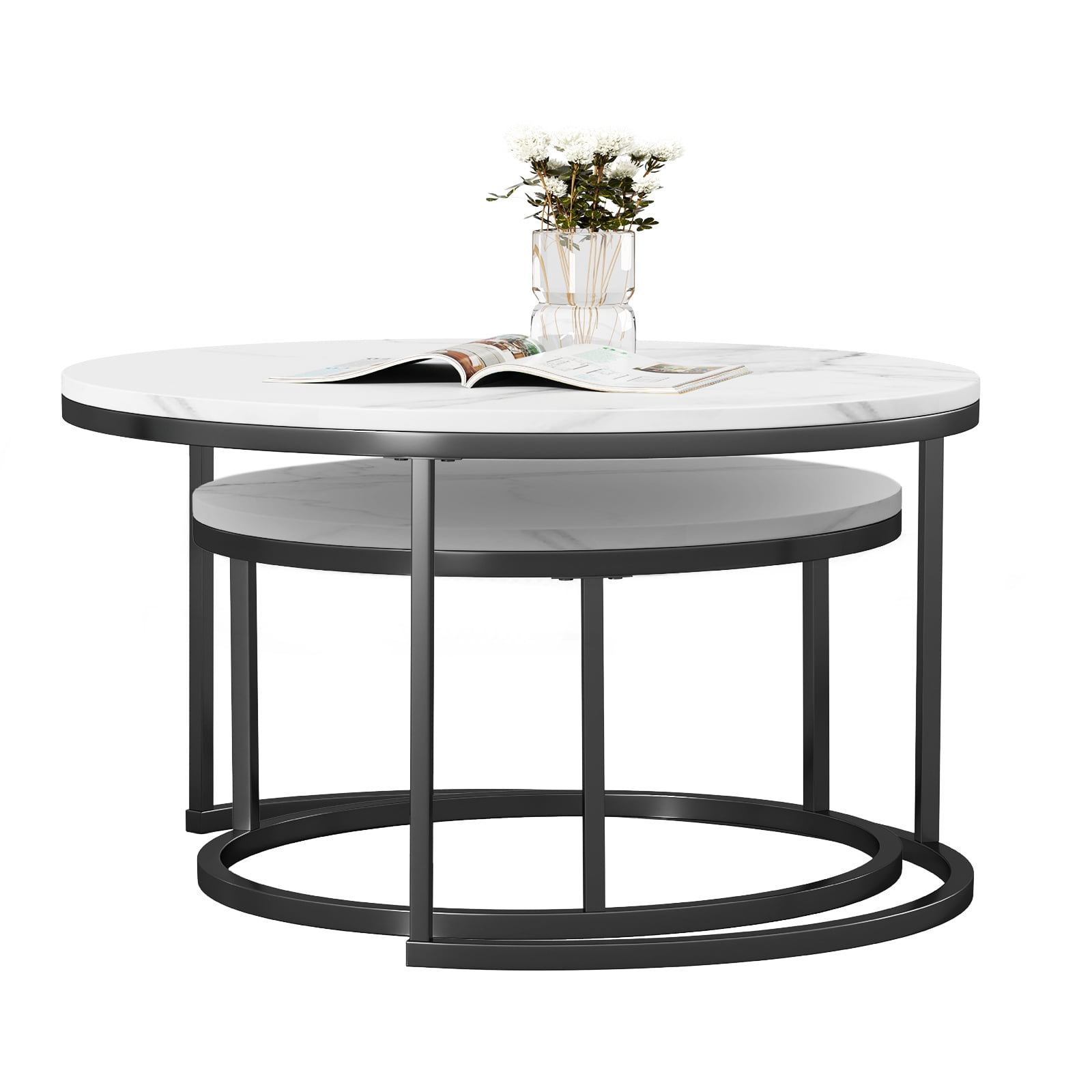 Resenkos 2-Piece Coffee Set Round Marble Nesting Table for Living Room, Black