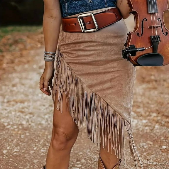 ZOELNIC Women's Faux Suede Fringe Skirt Asymmetrical Hem Tassel Bodycon Cowgirl Short Skirt for Western Party, S